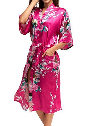Kimono Chemise de Nuit Longue Femme Imprimé Soie Artificielle - Peignoir de Bain Femme pour Eté Automne - Rouge Rosé - Taille 2XL