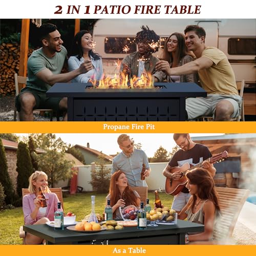 Vongrasig 43" Gas Fire Pit for Outside, 50,000 BTU Outdoor Propane Fire Pit Table with Lid & Lava Rock, Steel Rectangular Fire Table for Patio, Backyard, Deck, Garden, Black - Image 5