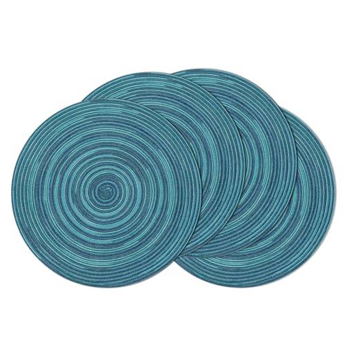 Image of SHACOS 15 inch Round Placemats Set of 4 Variegated Multicolor Place Mats Cotton Polyester Braided Non Slip Washable Heat Resistant Table Mats for Home Wedding Dinner Party Table Decor, Rainbow Teal