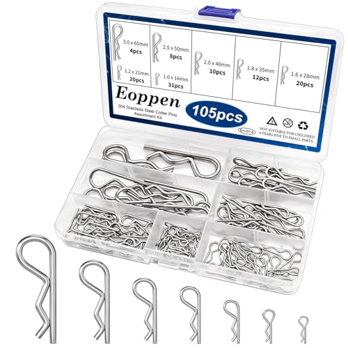 Image of 105Pcs Cotter Pin Assortment Kit - 304 Stainless Steel 7 Sizes R Clips Cotter Pins for Automotive, Trailer, Hitch Pin Lock System