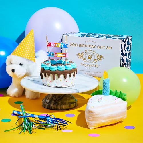 Image of Thoughtfully Pets Dog Birthday Cake and Plush Toy Set, Mini Cookie Cake Treat with Birthday Banner Decoration, Puppy Party Celebration Gift, Hand Decorated Hollow Biscuit Treat for Dogs