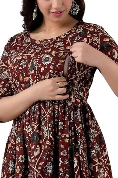 Women’s Maternity Feeding Dress – Maroon Floral Print Nursing Gown with Hidden Zip | Comfortable Rayon Feeding Kurti for New Moms-image-20
