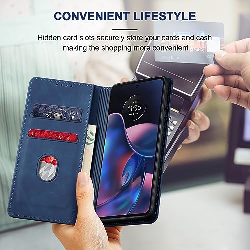 Image of Jasonyu Flip Wallet Case for Motorola Edge (2022) Moto,Leather Magnetic Folio Cover with Card Holder,Kickstand - TPU Shockproof Durable Protective Phone Case,Blue