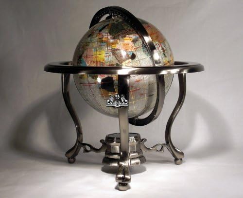 Unique Art Since 1996 10" Tall Pearl Swirl Ocean Table Top Gemstone World Map Globe with 3-Leg Silver Stand