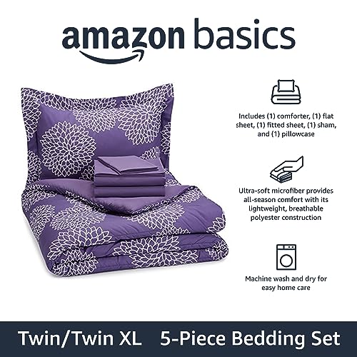 Image of Amazon Basics 5-Piece Lightweight Microfiber Comforter Set with Sheets, Bed-in-a-Bag, Purple Floral Bedding, Twin /Twin XL