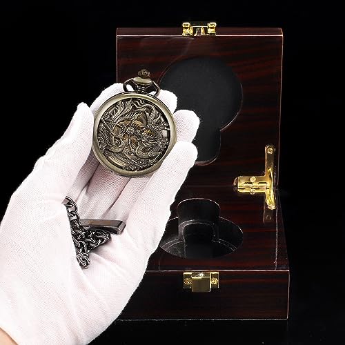 Image of ManChDa Antique Mechanical Pocket Watches for Men Lucky Dragon Phoenix Pocket Watch with Chain Skeleton Dial Roman Numerals Gifts for Fathers Day