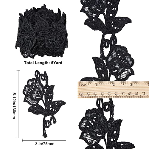GORGECRAFT 5 Yards Lace Applique Trim 3.2 Inch Black Flower Embroidery Lace Edge Trimmings Floral Embroidered Applique Ribbon for DIY Sewing Crafts Wedding Bridal Dress Embellishment Party Decoration - Image 2