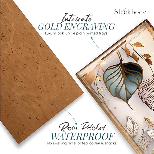 Image of Wooden Serving Tray Set of 3 | Enamel Coated Waterproof Rectangular Trays with Gold Engraving | Tea, Snacks & Dining Table Decor | Home & Kitchen Decorative Center Table Trays