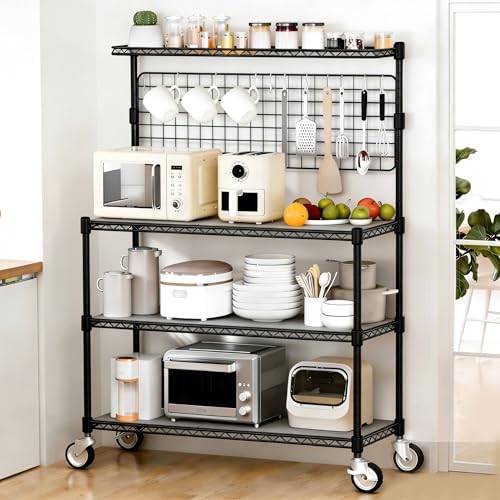 Bakers Rack with Storage & Wheels, 42In Microwave Stand Kitchen Shelves