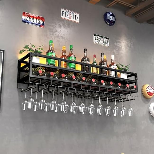 Pengfei LED Wine Rack Wall Mounted, Industrial Metal Wall Wine Shelf & Glass Holder, Large Floating Shelves Wine Bottle Storage Display Rack for Home Bar Dining Room Decor