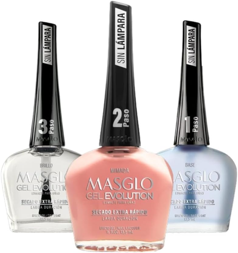 GEL EVOLUTION Nail Polish Gel Effect, No UV/Led Lamp, Duration Up to 12 days, 3 PCs -Base, Esmalte MIMADA, Brillo - Efecto Gel sin necesidad de UV/Led, hasta 12 días