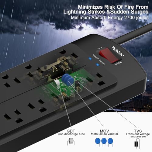 6 Ft Extension Cord Power Strip, Teiobar Surge Protector with 12 AC Outlets and 4 USB Ports for Home, Office, Dorm Essentials, 2700 Joules, ETL Listed, Black - 4