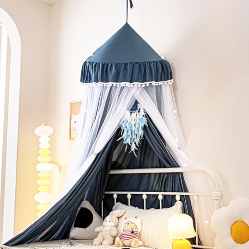 Akiky Bed Canopy with Star Lights Pompom Canopy Curtains Double Layer Canopy Mesh Curtains for Kids Reading Nook Hanging Canopies for Bedding(Navy Blue)