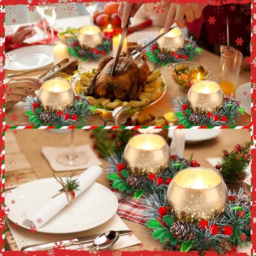 Tioncy BOO-TIONCY-4418 8 Pieces Christmas Votive Candle Holders With Pinecone Berry Candle Wreath Ring Glass Gold Tea Light Candle Holders Christmas Candle Rings thumb #3