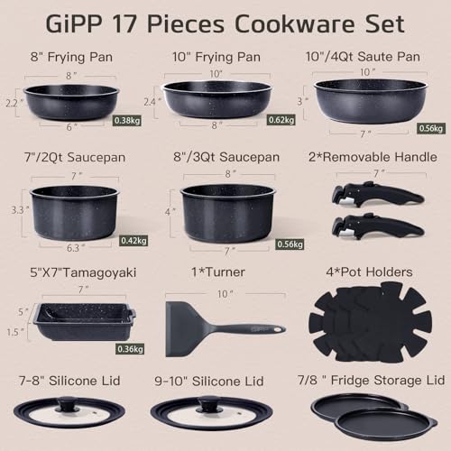 Image of GiPP Ceramic Pots and Pans Set Non Stick, Nonstick Detachable Handle Cookware Sets, Healthy Non Toxic PFAS PFOA & PTFE Free, Dishwasher ＆Oven Safe, Induction Kitchen Pot and Pan, 17 Piece Gray