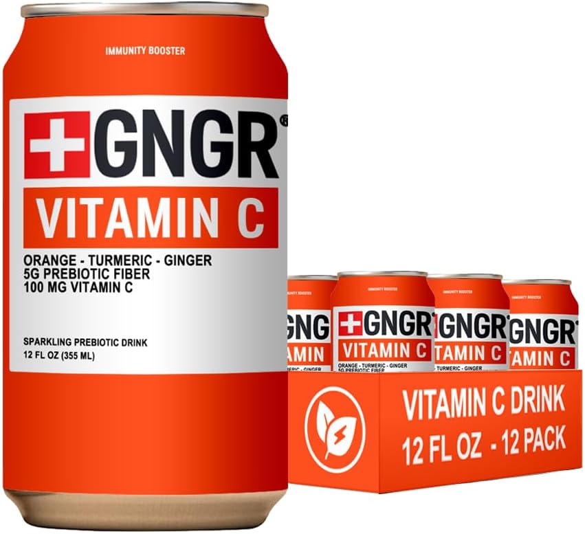 +GNGR Sparkling Vitamin C Prebiotic Drink - Caffeine free - 5g Prebiotic Fiber - Orange Juice - Ginger Juice - Turmeric - Acerola - Apple Cider Vinegar - Prebiotic Soda - Immunity (12 oz - 12 Pack)