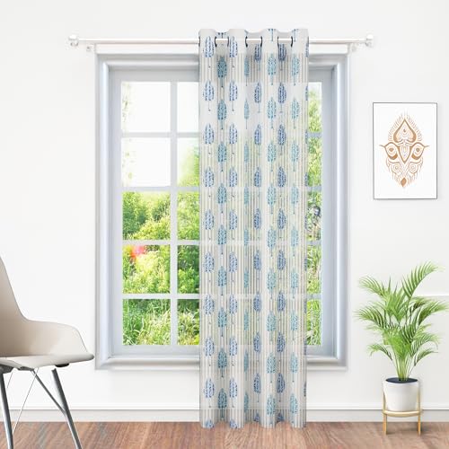 Image of Curtains 7 feet Long Set of 10 | White & Blue Transparent Sheer Curtain | Room Decoration Items for Bedroom | 215 x 118 cm | Motif Design Door Curtain | | Perfect for Home Decor