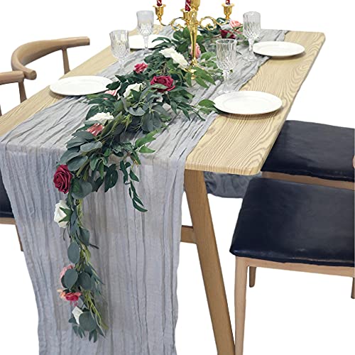 Indexco Grey Cheesecloths Table Runner for Wedding Beautifully for Romantic Boho and Farmhouse Style Gauze Table Runner for Thanksgiving Tablescape Decorations 30  W X 120  L. (Grey, 120 INCH)