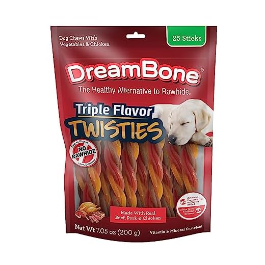 DreamBone Triple Flavor Twisties Dog Treats, Daily Rawhide-Free Chew, Digests Safely, with Real Protein, Beef, Pork, Chicken and Veggies, 25 Count