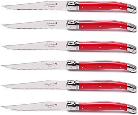 Laguiole By FlyingColors Steak Knife Set, Micro Serrated Blade, Stainless Steel, Wood Block, Red Color Handle, 6 Pieces (Red)