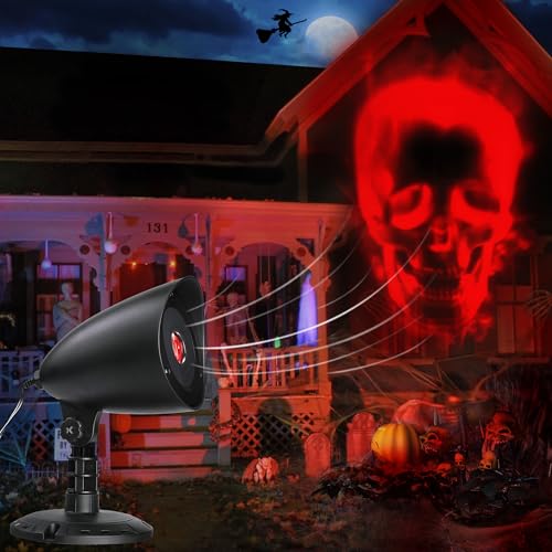 iShabao Halloween Deko Outdoor, 3D Dynamische Halloween Projektor mit Timer, Wasserdicht LED Projektionslampe mit Roter Skelett für Wand Fenster Garten...