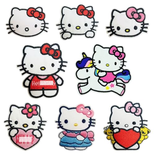 8pcs Cute Cat Embroidery Patches Stickers Iron on/Sew on Anime Applique Embroidered Repair Patch Fashion DIY Accessories Collection for Clothing Jacket Jeans Backpack Hat Vests Bags