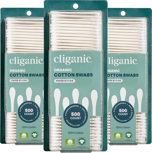 Image of Cliganic Organic Cotton Swabs, 1500 Count - 100% Pure Natural Cotton, Chlorine-Free Hypoallergenic, Soft, Gentle & Absorbent Buds