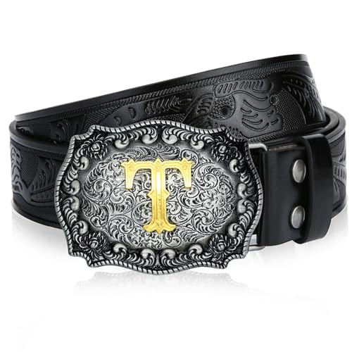 LCG LUCHENGYI Cinturón de cuero de vaquero occidental para hombre, diseño de toro, letras grandes, cinturón floral en relieve, Negro (T-Black), 112 cm