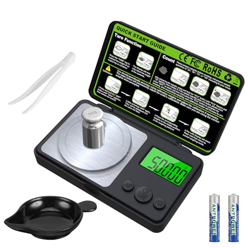 Báscula de Alta Precisión, 50 g/0,001 g Báscula de precisión digital, Con pantalla LCD, con peso de calibración, pinzas, bandeja y cuchara, báscula digital para pesar polvos, joyas, medicamentos