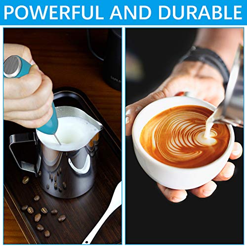 Image of Coffee Milk Frother Handheld Double Whisk Electric Drink Mixer Battery Operated One-Button Hand Held Foam Maker with Stand for Coffee Latte Cappuccino Hot Chocolate (Blue)