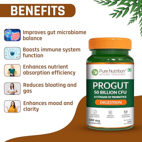Image of Pure Nutrition Progut Probiotics Supplement 50 Billion CFU | Gut Health Supplements with Probiotic | Gut Cleanse with Prebiotics and Probiotics | Supports Digestive Health | Relief from Gas & Bloating - 60 Capsules