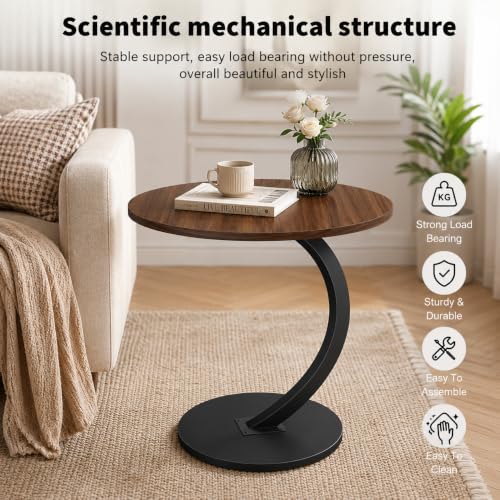 Image of KRISHYAM Modern C-Shaped Side Table with Wooden Round Top & Metal Base | Sofa End Table for Living Room, Bedroom & Office | Walnut Finish Top with Black Metal Stand