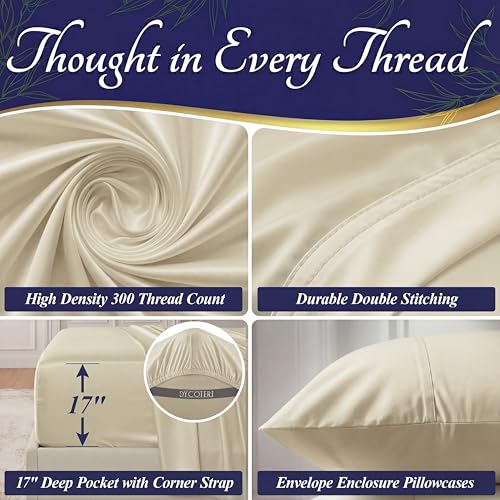 Image of DECOLURE 100% Viscose Derived from Bamboo Sheets Twin Size - Luxury 3 Pc Naturally Cooling Sheets, Ultra Soft Bed Set - Deep 17 inch Pockets, Durable Double Stitching, Oeko Tex Standard (Creme)