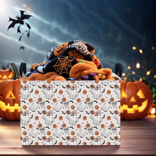 Image of Large Halloween Basket Gift Cute Ghost Parties Decor Kid Trick or Treat Basket for Boys and Girls Rectangular Storage Bin Box (Ghost Basketball)