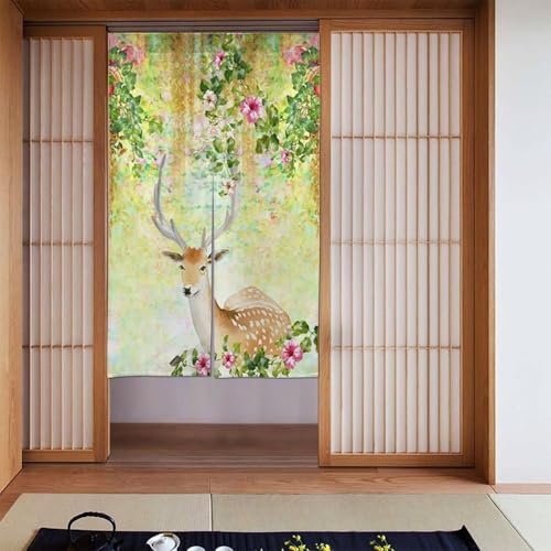 のれん 庭の鹿 花 ドアカーテン 間仕切り 暖簾 目隠し おしゃれ 壁掛け 玄関 お風呂 出入り口用 遮光カーテン シャワーカーテン 洗濯可 飾り 部屋仕切り 室内 洗面所 四季兼用 多機能 人気 贈り物 86x143cm