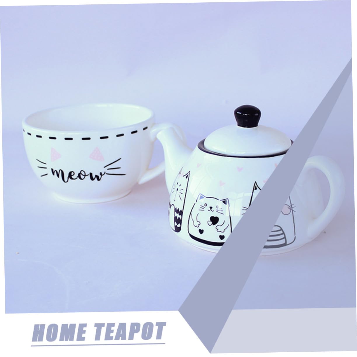 Service à Thé et Tasse en Céramique Motif Chat Blanc, 1 Set
