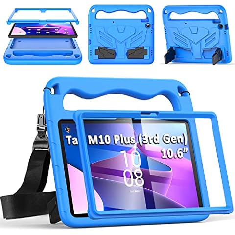 DUZZONA Funda Infantil para Lenovo Tab M10 Plus (3rd Gen) 10,61 Pulgadas, con Protector de Pantalla Integrado y Correa de Hombro, Azul Cover