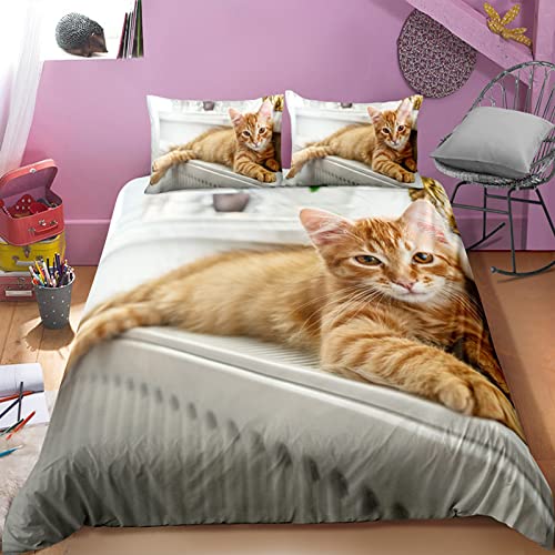 Bettwäsche 140x200 Graue Gelbe Katze Warme Mikrofaser BettwäSche-Sets ,Mit ReißVerschluss 3 Teilig Bettbezug Und 2 KissenbezüGe 80x80cm,Geeignet FüR Erwachsene Und Kinder Cover