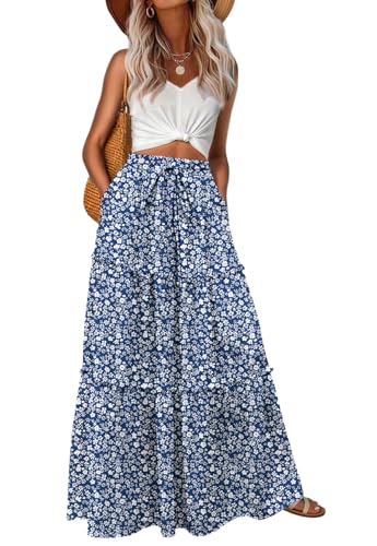 Image of Lepunuo Womens Casual Boho High Waisted Flowy Maxi Skirts Tiered Floral Long Skirts with Pockets for Summer Beach Vacation
