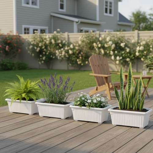 Image of Go Hooked Rectangular Plastic Pots for Plants, Jupiter Flower Pots for Home, Window Display, Garden (Set of 4, White) (35 x 18.5 x 15 cm)