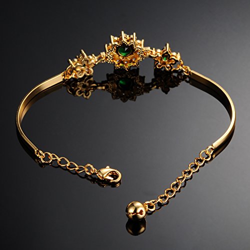 L & J 18k Yellow Gold Sparkling Green Rhinestone Halo Diamond Cut AAA CZ Flower Bangle Bracelet for Women3