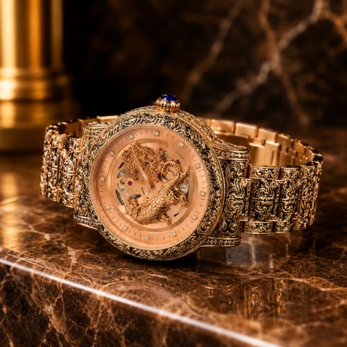 Buy Tiger Light Coffee Mechanical Skeleton Watch for Men Gold - Image 5