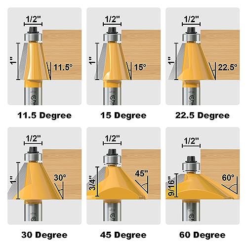 FivePears 6 PCS Chamfer Router Bit Set 1/2 Inch Shank, Edge Forming Bevel Carbide Tipped Router Bit with Bearing, Miter Angle Milling Cutters Tool, Including 11.25, 15, 22.5, 30, 45, 60 Degree