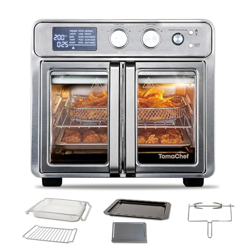 TomaChef 26QT French Door Air Fryer Toaster Oven Combo, 15 Cooking Functions including Rotisserie, and Digital Controls, 30 Recipes & 5 Accessories, Stainless Steel Finish