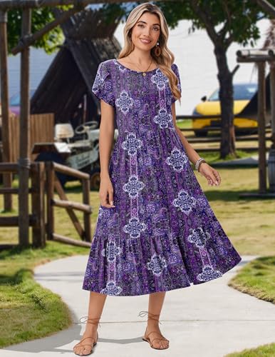 Image of Zeagoo Women Summer Midi A Line Dress Short Sleeve Casual Flowy Tiered Beach Long Sundress with Pockets 2026 Vacation Travel