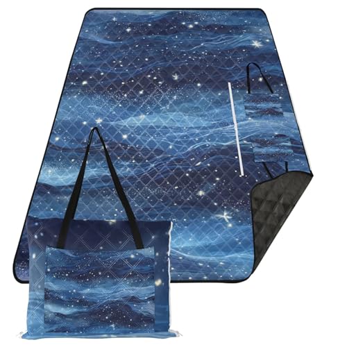 Picnic Blankets 118''x80'' Waterproof Sandproof Foldable Large Beach Blanket Outdoor Camping Mat for Travel, Grass, Lawn, Park - Third Layer, Sand-Free, Fits 5-6 Adults of lying Deep Blue Waves Stars