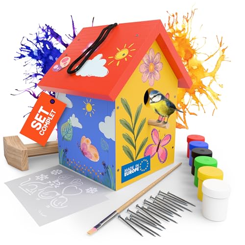 Eli® Kit de nichoir pour enfants en bois de pin à peindre – inclus : 6 peintures, pinceau, marteau en bois, pochoirs créatifs, modèles et clous –...