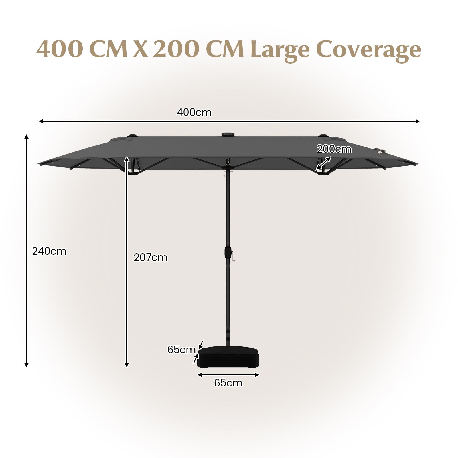 KOMFOTTEU Sombrilla Doble 4 x 2 m con Luces LED y Base, Sombrilla Rectangular con Manivela, Parasol de Jardín con Protección UV, Parasol Grande para Balcón, Piscina, Patio