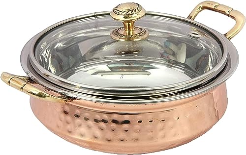 Aakrati Set of Indian hammered copper stainless steel serving bowl for food soup with handle and glass lid decorative seveware (7 inch dia, 1, Count)