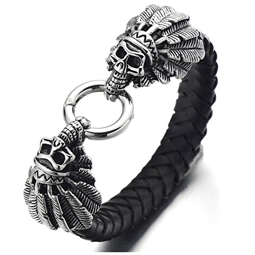 COOLSTEELANDBEYOND Stainless Steel Mens Indian Skull Bangle Bracelet Genuine Braided Leather Wristband Spring Ring Clasp
